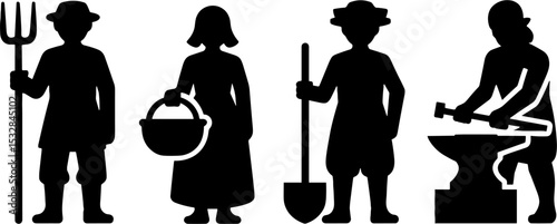 Silhouette Farmer Woman Blacksmith Working Traditional Occupation Set