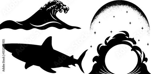 Dynamic shark silhouettes with waves and celestial moon motif for creative design