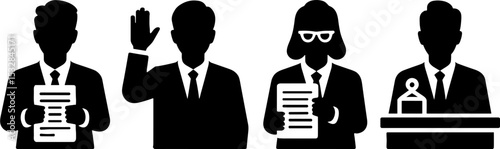 Businesspeople Holding Documents Raising Hand and Standing Behind Desk