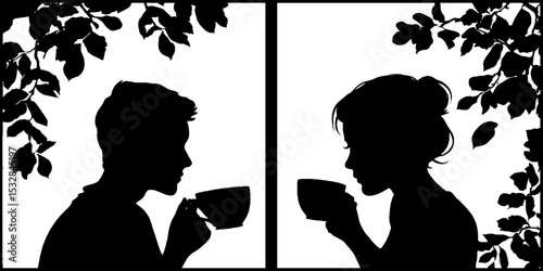 Silhouette of couple drinking tea amidst foilage - tranquil connection and relaxation