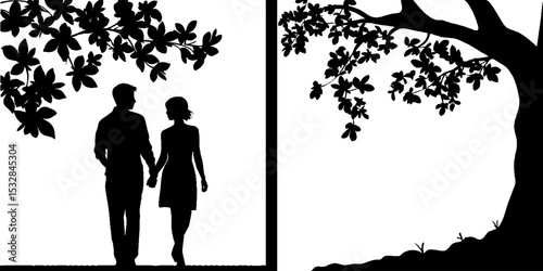 Romantic silhouettes of couple strolling under blooming tree for nature-themed design