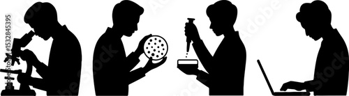 Scientist Silhouettes Using Microscope Petri Dish Pipette Laptop Research