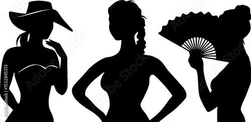 Elegant silhouettes of ladies in corset with parasol and fan for vintage-themed design