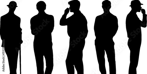 Set of stylish male silhouettes in waistcoats and hats for vintage design projects
