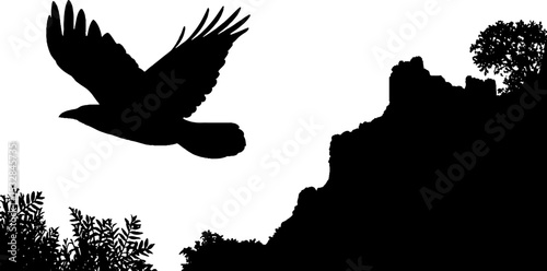 Majestic raven silhouettes in flight with ruined castle and scenic landscape
