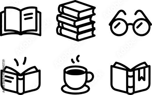 Reading Books Stack Glasses Coffees Set