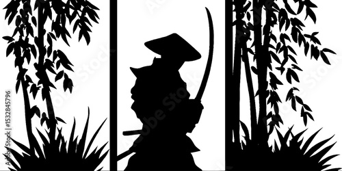 Samurai silhouette with katana in bamboo forest - traditional japanese warrior art design