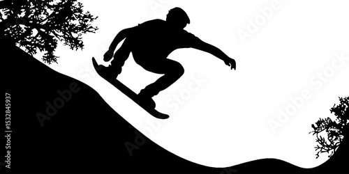 Dynamic skateboarding silhouette on street curb with nature elements