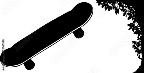 Skateboard silhouette with street curb and urban tree branch design