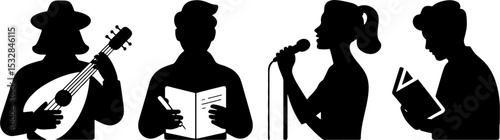 Silhouette People Playing Music Writing Singing Reading Book