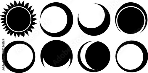 Set of solar eclipse phases with starburst and orbit swirl design elements