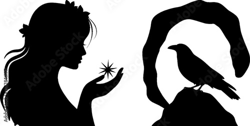 Mystical sorceress with raven and arcane rune silhouette for fantasy design
