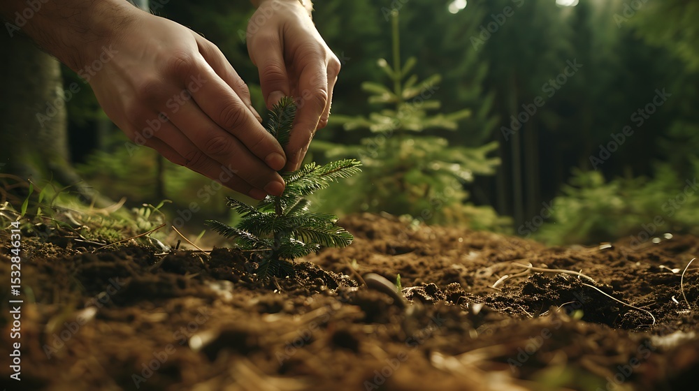 Fototapeta premium Hand planting a young tree sapling in forest soil, symbolizing reforestation efforts.