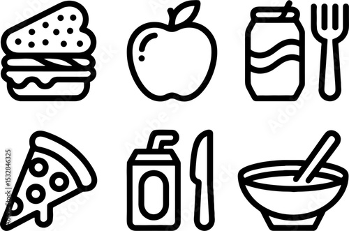 Foods Set Sandwich Apple Drink Pizza Bowl Utensils