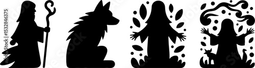 Wizard With Staff Wolf Silhouette Magic Nature Spirit Power