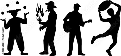 Circus Performer Silhouettes Juggler Fire Breather Guitarist Dancer