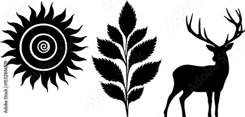 Spirals and nature: sun, knot border, and deer antler design elements