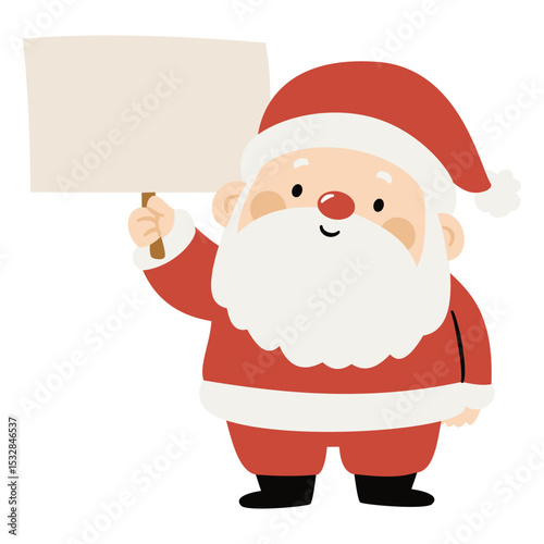 Cute Santa Claus in childish simple style holds a sign, a place for your text. Flat vector illustration on white background. Vector illustration