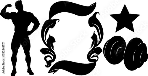 Strongman silhouette with dumbbell swirl and decorative elements