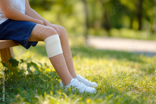 A small child rests on a bench in a sunlit park, a bandage wrapped around their leg as they enjoy the tranquility of nature after a small stumble. photo