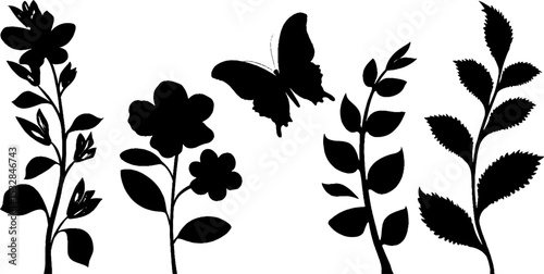Elegantly stylized silhouettes of flowers and butterfly for creative design projects