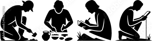 Archaeologist Excavating Pottery Man Writing Notes Scientist Measuring Soil