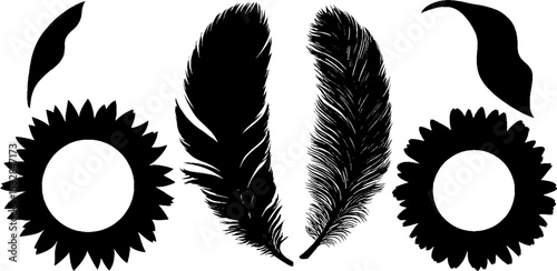 Tribal feather and sun disk set for artistic design and decoration