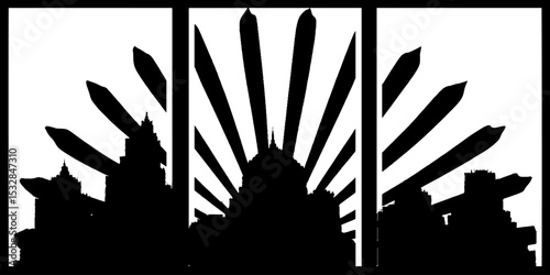 Urban landscape with skyscraper silhouettes against sunburst patterns for artistic poster design