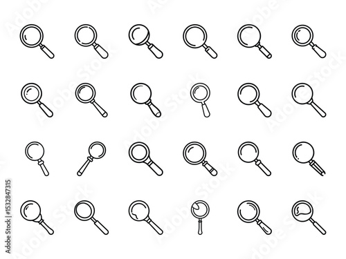 Set of Magnifying Glass Line Icons – Black Outline Search and Zoom Tool Silhouettes on White Background for Web, Apps, and UI Design

