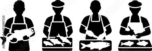 Fishmonger Handling Fresh Fish Cleaning Preparing Seafood Display