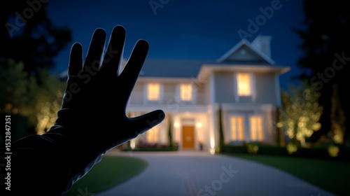 Intruder Attempting Break-In at a House Under the Night Sky with a Silhouetted Hand Reaching Out