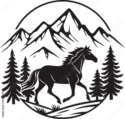 Silhouette logo of a horse trotting in front of a mountain