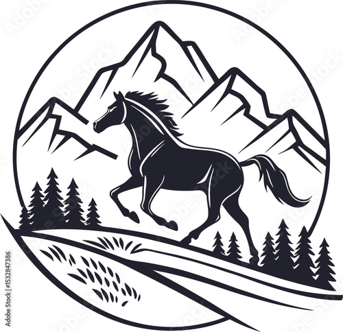 Majestic horse and mountain silhouette logo design