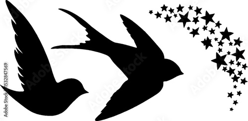 Elegant swallow silhouettes and starry feather trail design for decorative projects