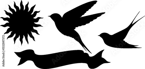 Swallow silhouettes with sunburst and ribbon banner for decorative design