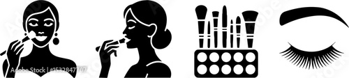 Woman Applying Makeup Brush Lipstick Palette Eye Lash Set