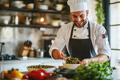 Smiling chef in professional kitchen preparing olive tapas with fresh green and black olives in ceramic bowls photo