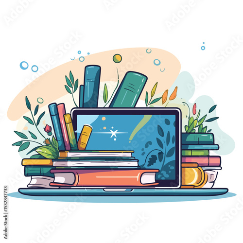 Modern Education and Online Learning Concept with Laptop and Books Vector Illustration