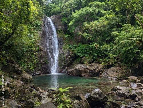Lush green foliage surrounds a tall, slender waterfall cascading into a tranquil, clear pool; dark rocks border the pool