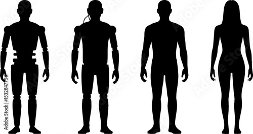 Silhouette Human And Robot Figures Front View Man Woman Concept