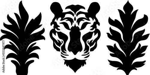 Artistic tiger head with flame swirl and vine curl elements for design