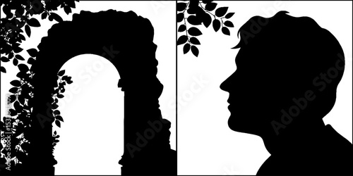 Silhouette of traveler with historic arch and foliage for travel design concept