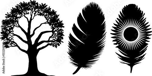 Mystical tree of life and raven feather with spiral rune design for nature-inspired art
