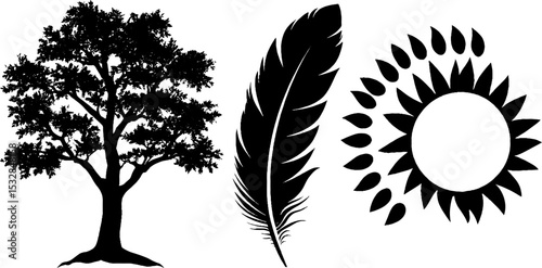 Nature symbols with tree of life, raven feather, and spiral rune elements
