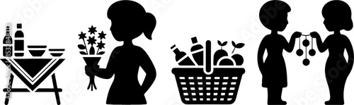 Silhouette Woman Holding Flowers Grocery Basket Two People Sharing Necklace