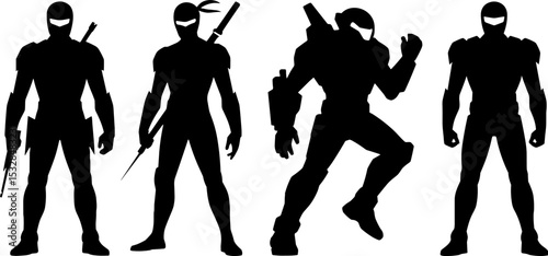 Silhouettes of Tactical Ninja Soldiers with Weapons and Armor