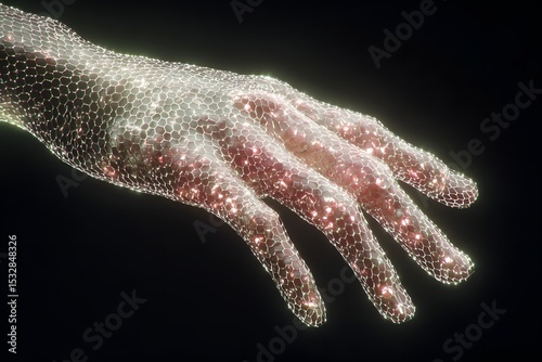 An artistic representation of a human hand appears covered with dazzling crystals, illuminated on a black background. The hand is gracefully positioned.