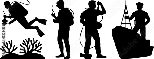 Scuba Diver Silhouettes Underwater Exploration and Boat Captain Profile