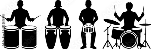 Silhouette Percussion Musicians Playing Bongo Conga Drum Set