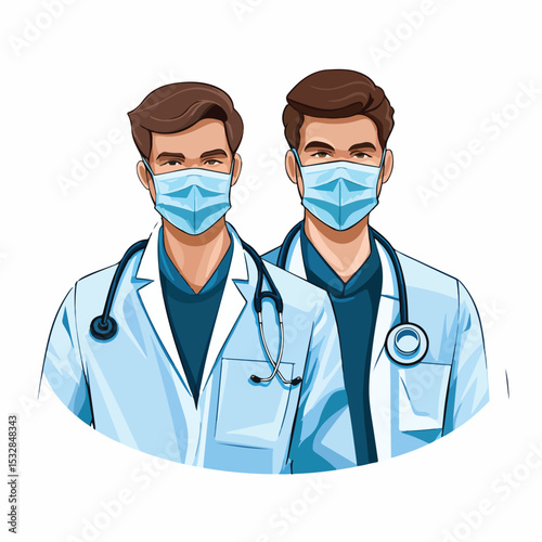 Professional Male Doctors Wearing Medical Masks Vector Illustration for Health Concept